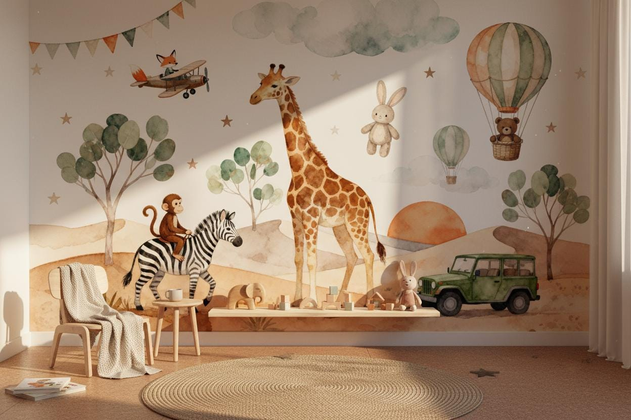Baby Nursery Peel And Stick Wallpaper - 만화 동물 벽화, 어린이 방, 수채화,