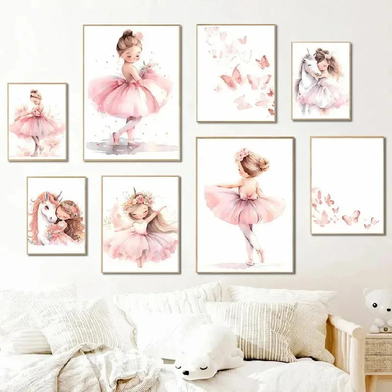 핑크 발레리나 소녀 유니콘 나비 포스터 어린이 방 장식 - Baby Nursery Frames 리뷰 및 가격